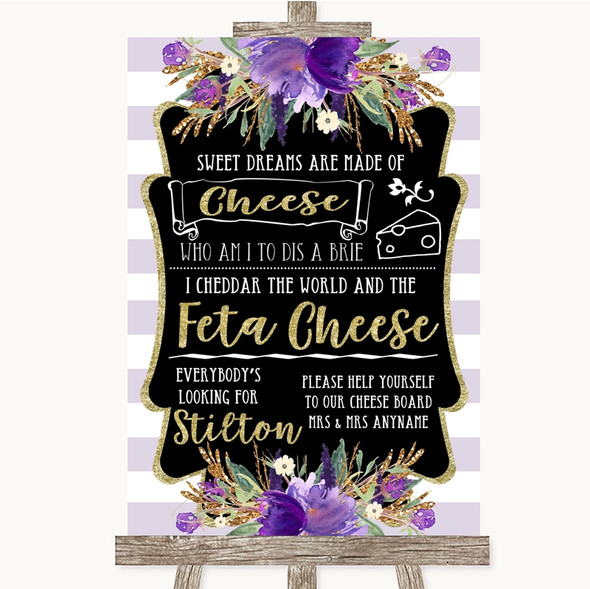 Gold & Purple Stripes Cheeseboard Cheese Song Customised Wedding Sign