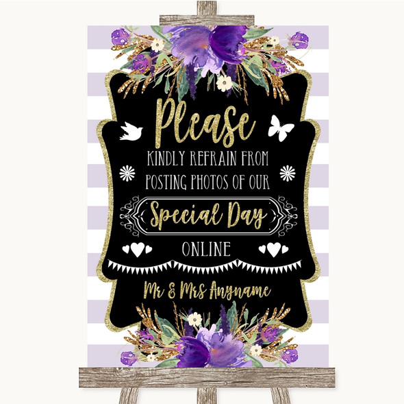 Gold & Purple Stripes Don't Post Photos Online Social Media Wedding Sign