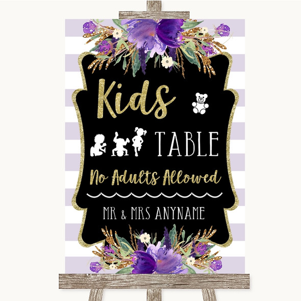 Gold & Purple Stripes Kids Table Customised Wedding Sign