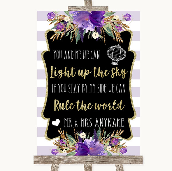 Gold & Purple Stripes Light Up The Sky Rule The World Customised Wedding Sign