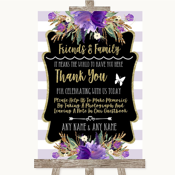 Gold & Purple Stripes Photo Guestbook Friends & Family Customised Wedding Sign