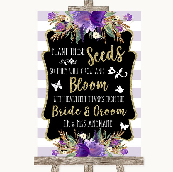 Gold & Purple Stripes Plant Seeds Favours Customised Wedding Sign