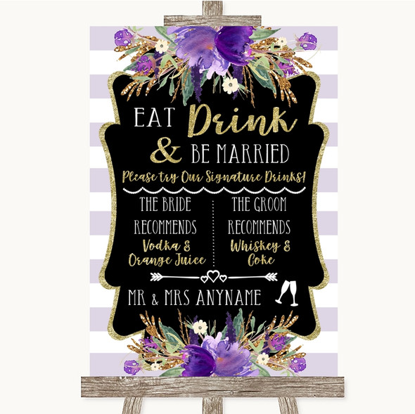 Gold & Purple Stripes Signature Favourite Drinks Customised Wedding Sign