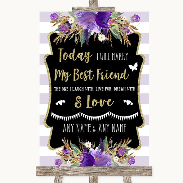 Gold & Purple Stripes Today I Marry My Best Friend Customised Wedding Sign