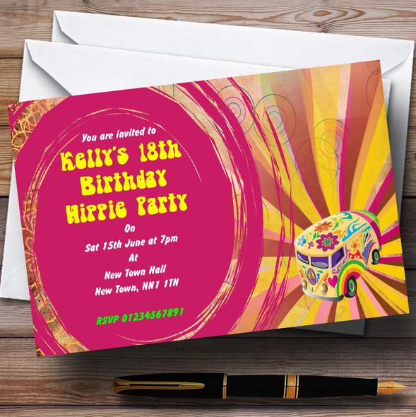 Retro Hippie Hippy Pink Yellow Customised Party Invitations
