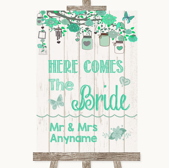 Green Rustic Wood Here Comes Bride Aisle Sign Customised Wedding Sign