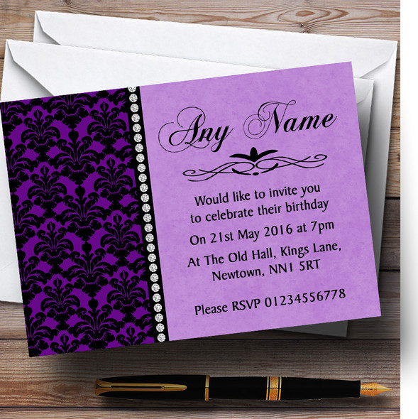 Cadbury Purple Black Damask & Diamond Customised Birthday Party Invitations