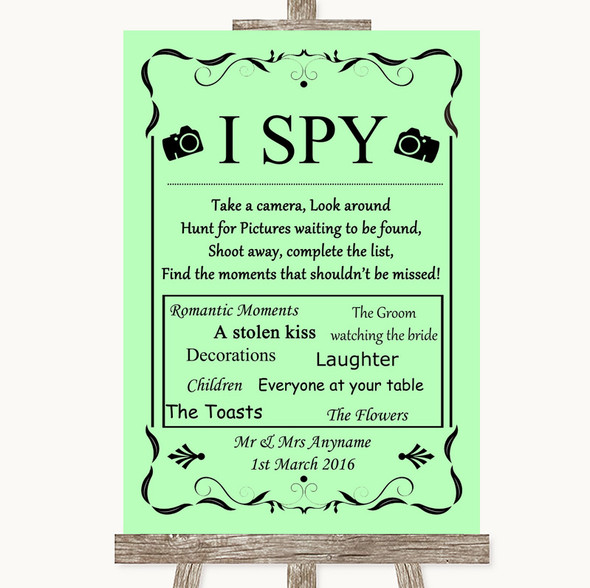 Green I Spy Disposable Camera Customised Wedding Sign