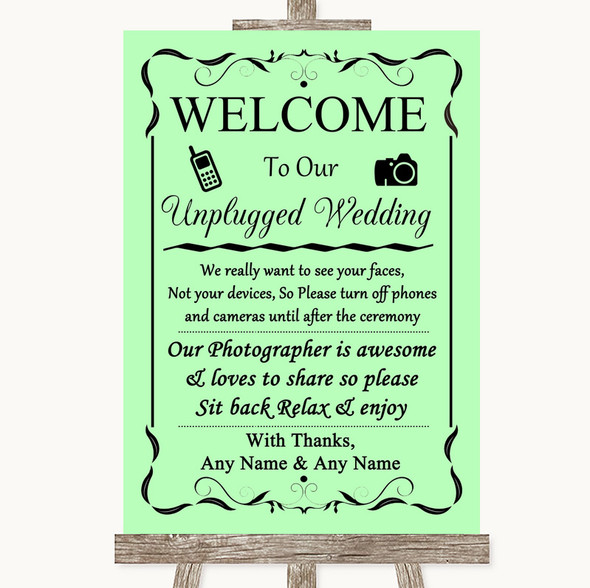 Green No Phone Camera Unplugged Customised Wedding Sign