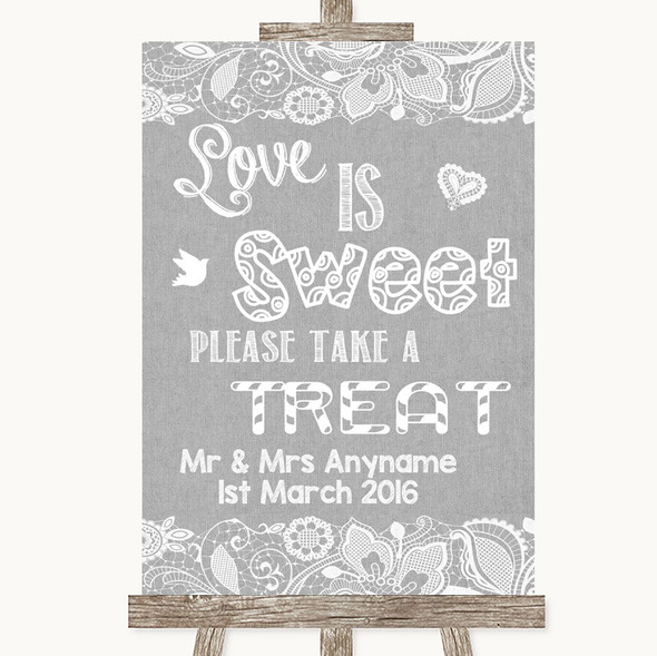 Grey Burlap & Lace Love Is Sweet Take A Treat Candy Buffet Wedding Sign