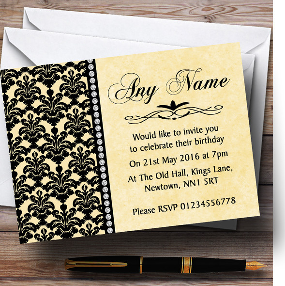 Yellow Black Damask & Diamond Customised Birthday Party Invitations