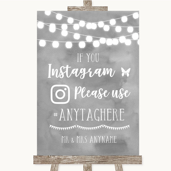 Grey Watercolour Lights Instagram Hashtag Customised Wedding Sign