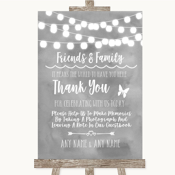 Grey Watercolour Lights Photo Guestbook Friends & Family Wedding Sign