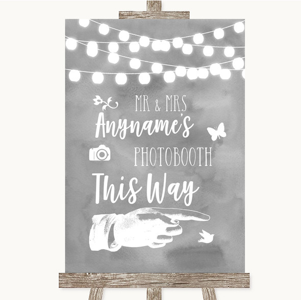 Grey Watercolour Lights Photobooth This Way Right Customised Wedding Sign