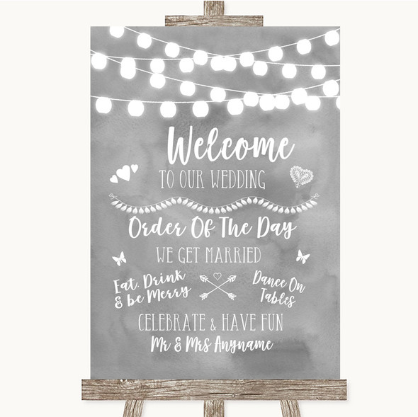 Grey Watercolour Lights Welcome Order Of The Day Customised Wedding Sign