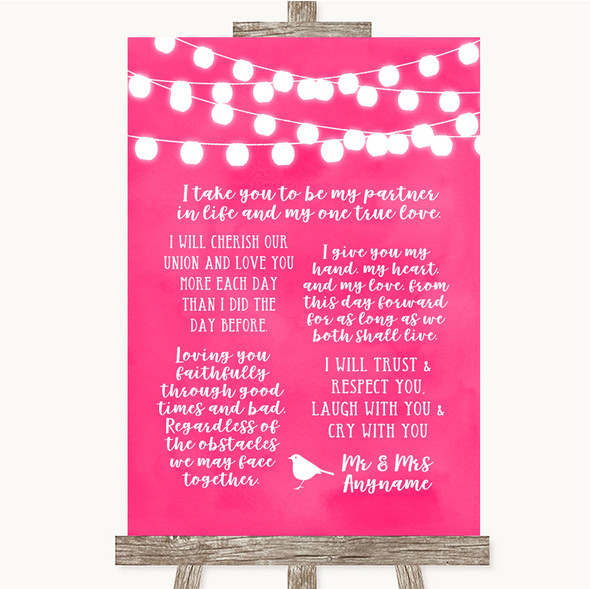 Hot Fuchsia Pink Watercolour Lights Romantic Vows Customised Wedding Sign