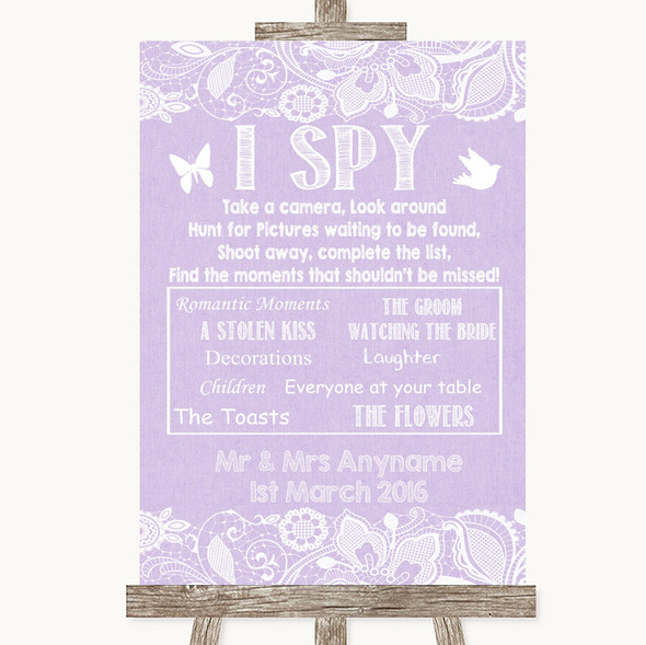Lilac Burlap & Lace I Spy Disposable Camera Customised Wedding Sign