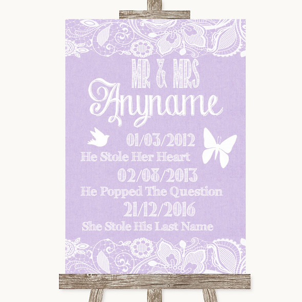 Lilac Burlap & Lace Important Special Dates Customised Wedding Sign
