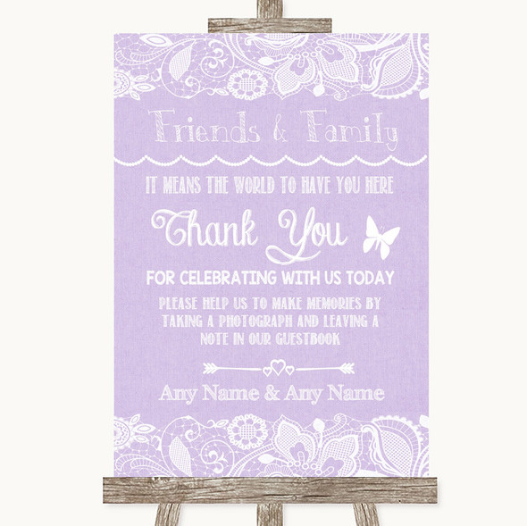 Lilac Burlap & Lace Photo Guestbook Friends & Family Customised Wedding Sign