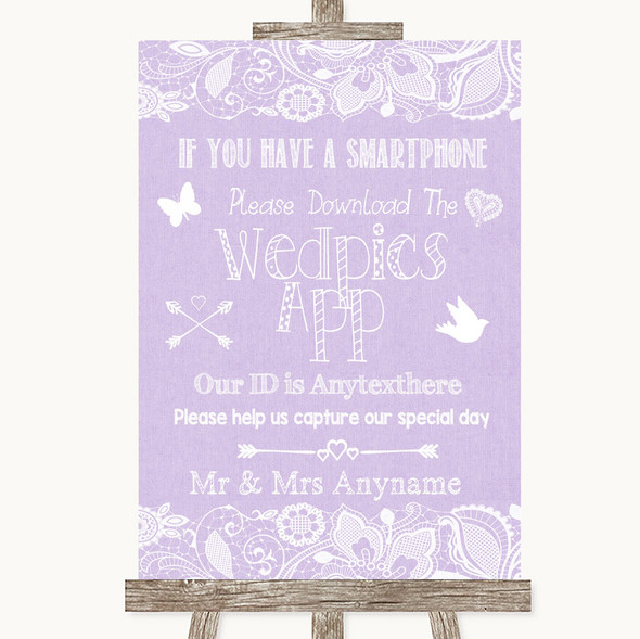 Lilac Burlap & Lace Wedpics App Photos Customised Wedding Sign