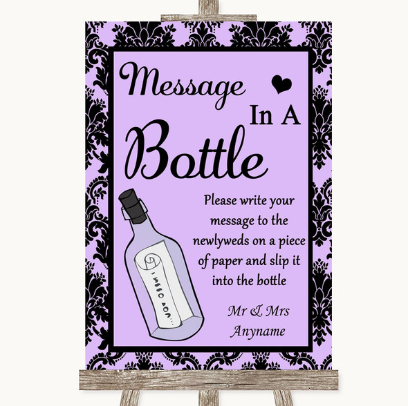 Lilac Damask Message In A Bottle Customised Wedding Sign