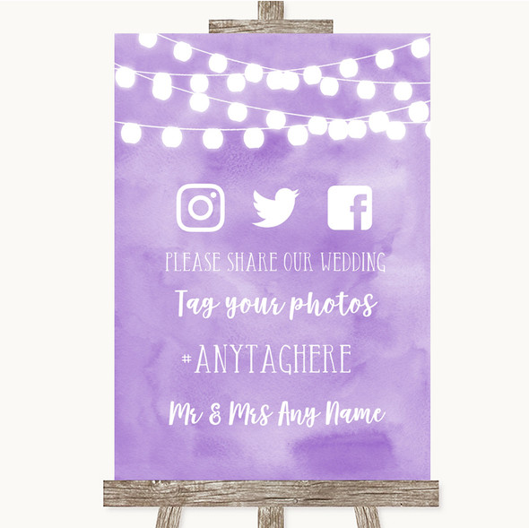 Lilac Watercolour Lights Social Media Hashtag Photos Customised Wedding Sign