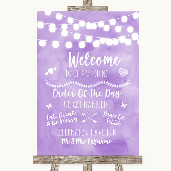 Lilac Watercolour Lights Welcome Order Of The Day Customised Wedding Sign