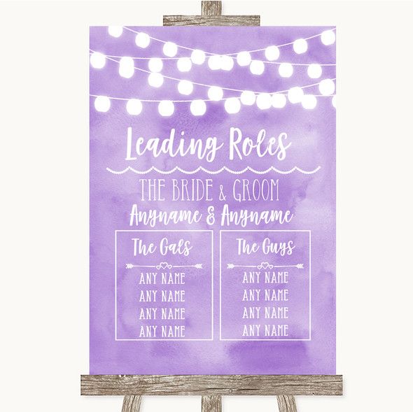 Lilac Watercolour Lights Who's Who Leading Roles Customised Wedding Sign