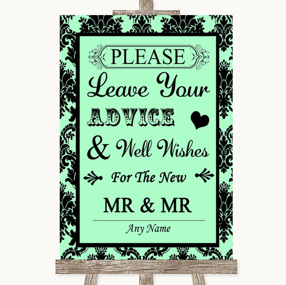 Mint Green Damask Guestbook Advice & Wishes Gay Customised Wedding Sign