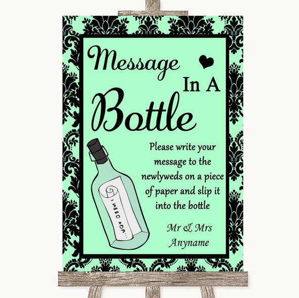 Mint Green Damask Message In A Bottle Customised Wedding Sign