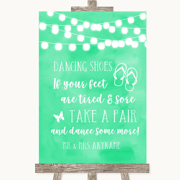 Mint Green Watercolour Lights Dancing Shoes Flip Flops Customised Wedding Sign