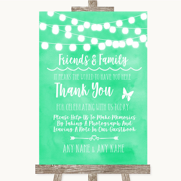 Mint Green Watercolour Lights Photo Guestbook Friends & Family Wedding Sign