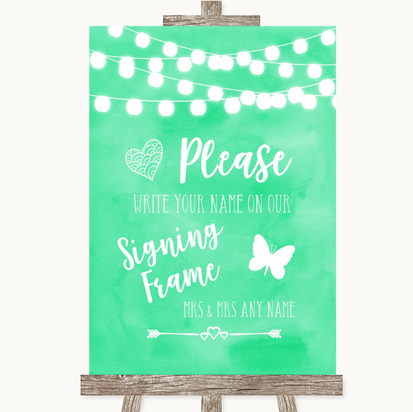 Mint Green Watercolour Lights Signing Frame Guestbook Customised Wedding Sign