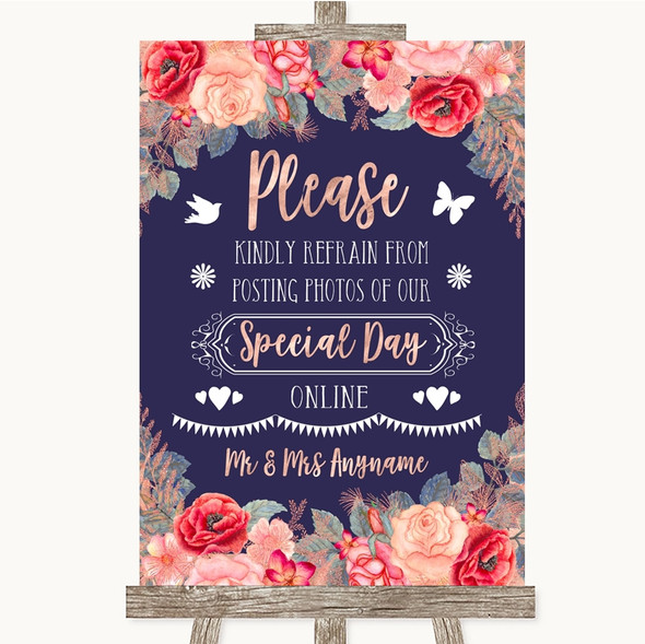 Navy Blue Blush Rose Gold Don't Post Photos Online Social Media Wedding Sign