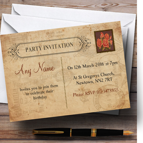 Shabby Chic Vintage Postcard Rustic Rose Stamp Customised Birthday Party Invitations