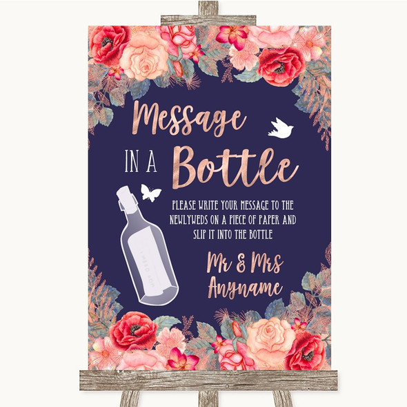 Navy Blue Blush Rose Gold Message In A Bottle Customised Wedding Sign