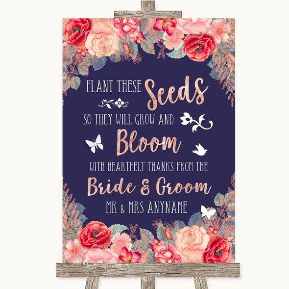 Navy Blue Blush Rose Gold Plant Seeds Favours Customised Wedding Sign