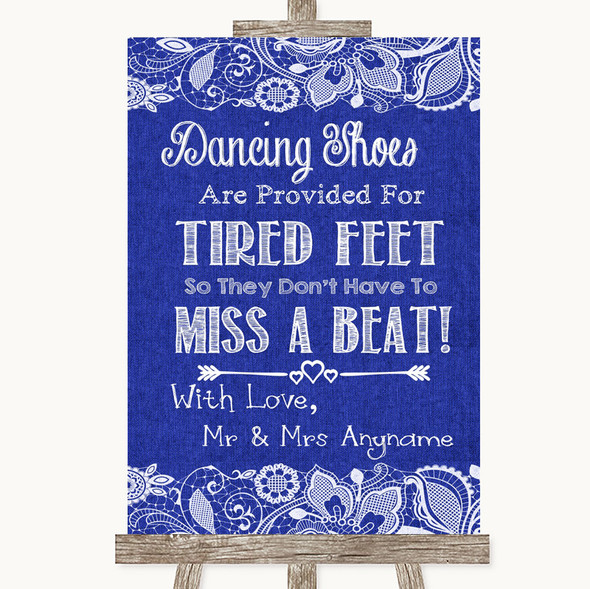 Navy Blue Burlap & Lace Dancing Shoes Flip-Flop Tired Feet Wedding Sign