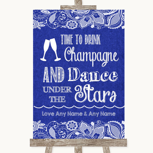 Navy Blue Burlap & Lace Drink Champagne Dance Stars Customised Wedding Sign