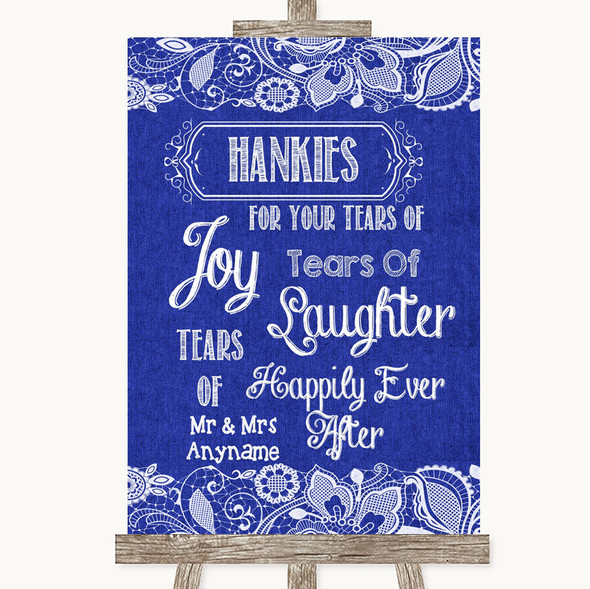 Navy Blue Burlap & Lace Hankies And Tissues Customised Wedding Sign