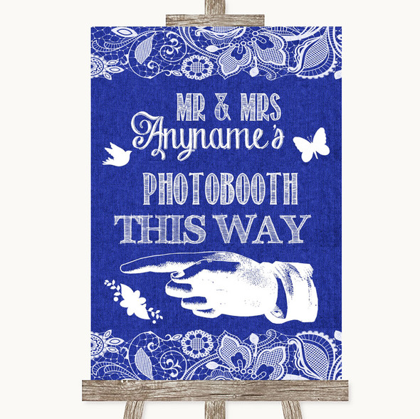 Navy Blue Burlap & Lace Photobooth This Way Left Customised Wedding Sign