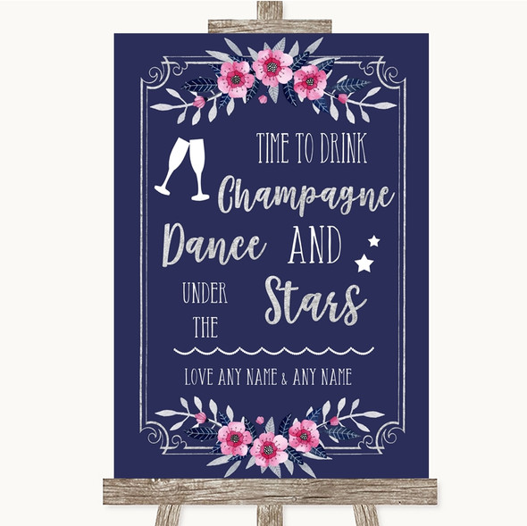 Navy Blue Pink & Silver Drink Champagne Dance Stars Customised Wedding Sign