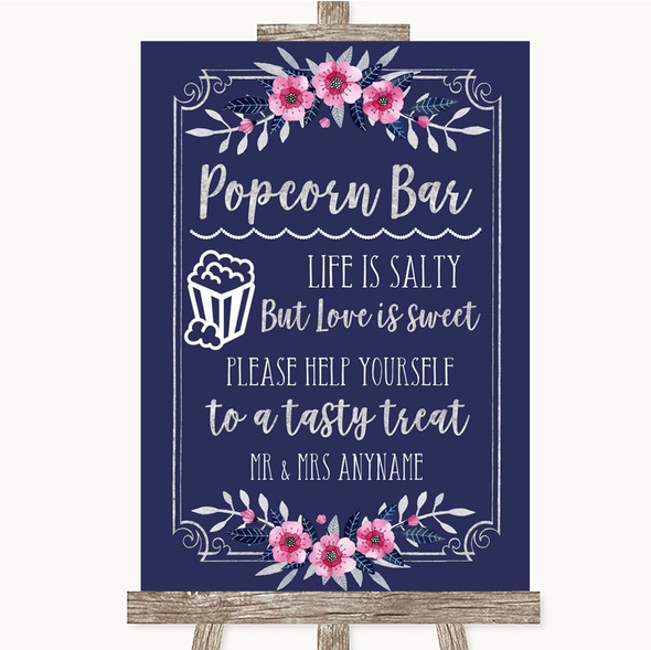 Navy Blue Pink & Silver Popcorn Bar Customised Wedding Sign