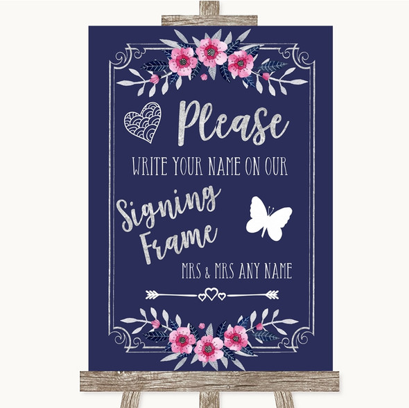 Navy Blue Pink & Silver Signing Frame Guestbook Customised Wedding Sign