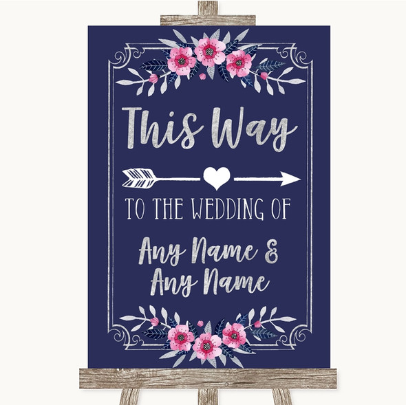 Navy Blue Pink & Silver This Way Arrow Right Customised Wedding Sign