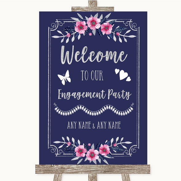 Navy Blue Pink & Silver Welcome To Our Engagement Party Wedding Sign