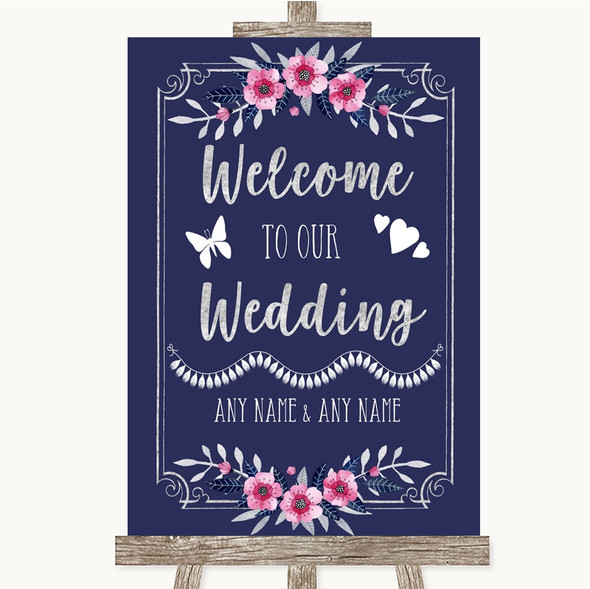 Navy Blue Pink & Silver Welcome To Our Wedding Customised Wedding Sign