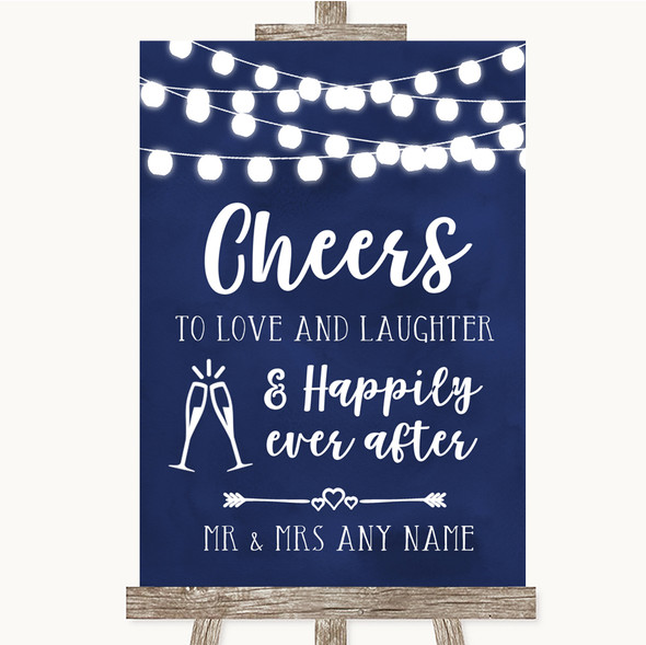 Navy Blue Watercolour Lights Cheers To Love Customised Wedding Sign