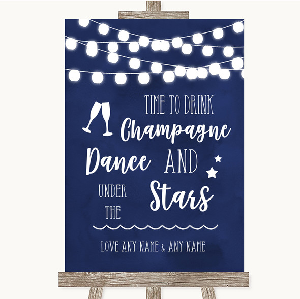 Navy Blue Watercolour Lights Drink Champagne Dance Stars Wedding Sign