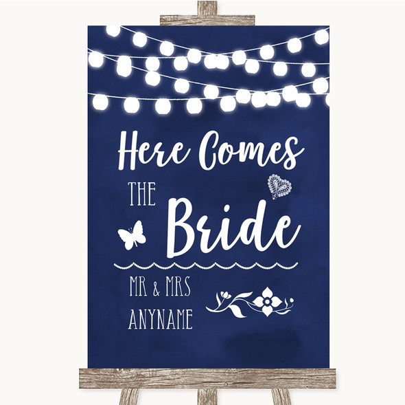 Navy Blue Watercolour Lights Here Comes Bride Aisle Customised Wedding Sign